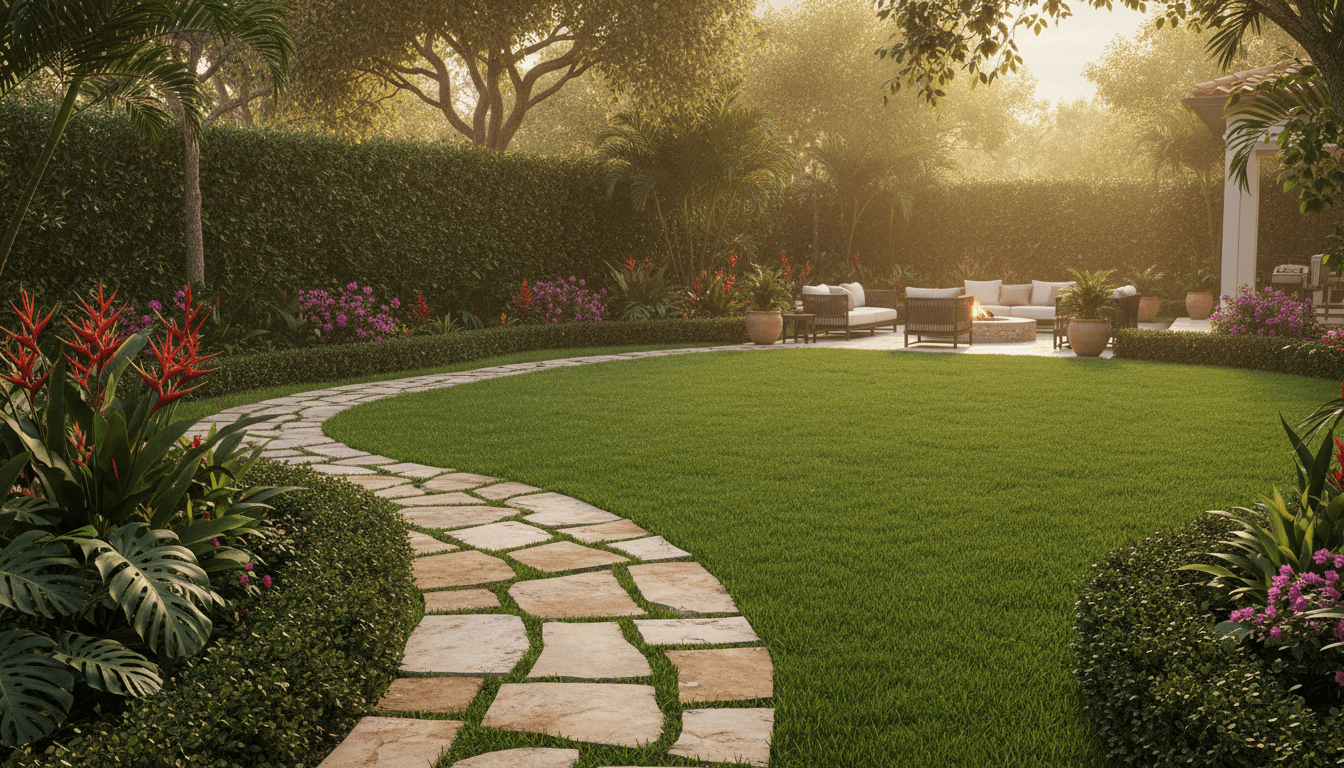 Well-maintained backyard with trimmed hedges and tropical garden