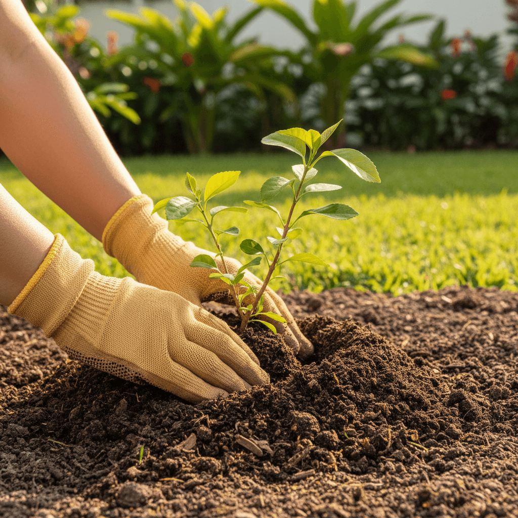 Gloved hands planting a green shrub in a garden bed