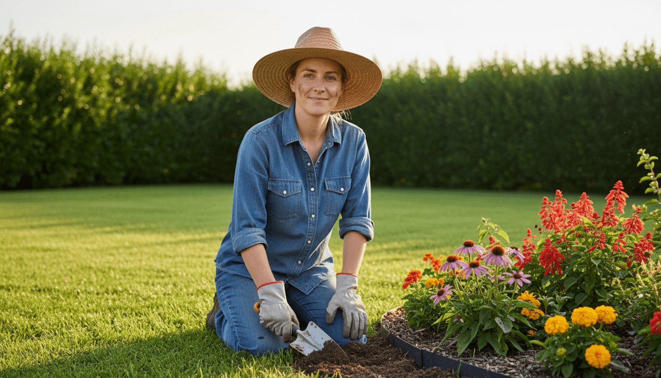 Landscaper tending to a flower bed in a Miami yard