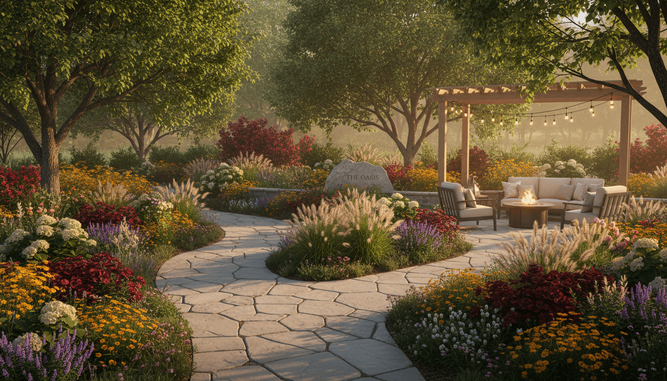 Beautifully maintained backyard garden with trimmed hedges and a stone pathway