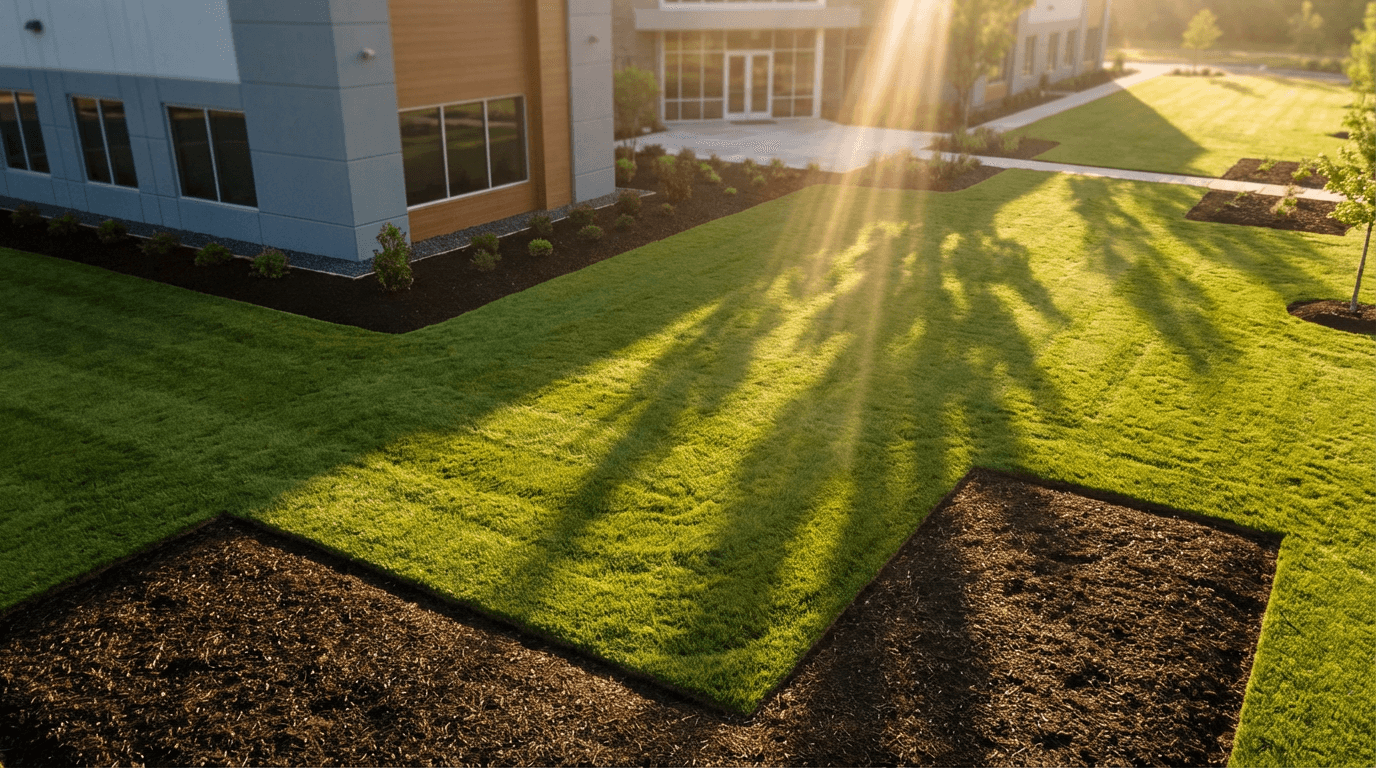 Commercial landscaping with fresh flower beds and trimmed hedges