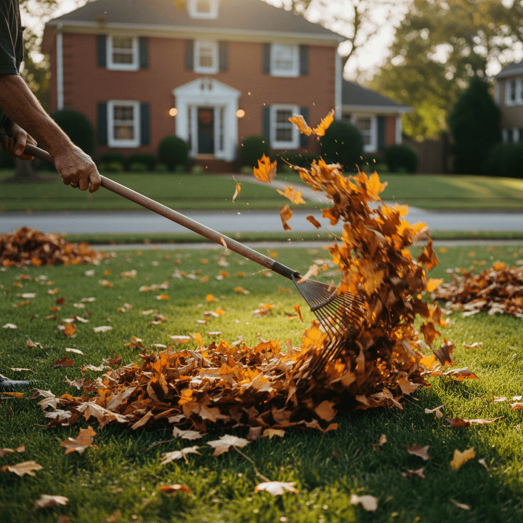 Seasonal cleanup with a landscaper raking leaves in Miami