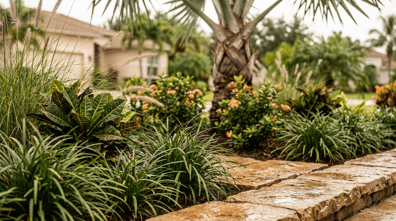 Garden design with tropical plants and stone edging in Miami