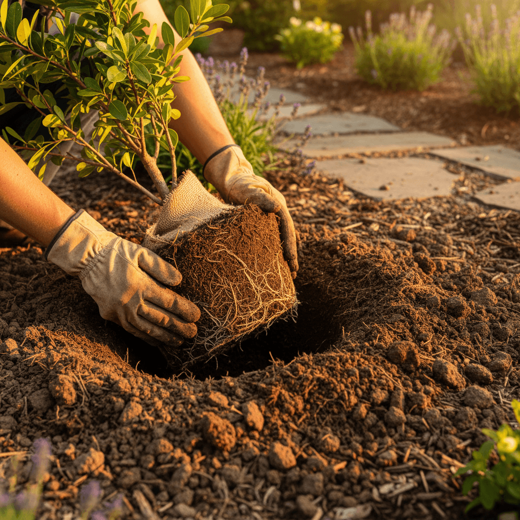 Landscaper planting a shrub in a Miami backyard with fresh soil and mulch