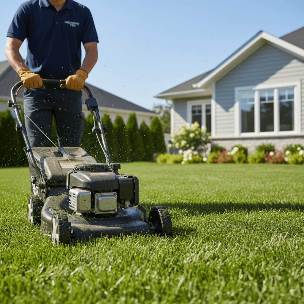Landscaper mowing a lush green lawn in Miami