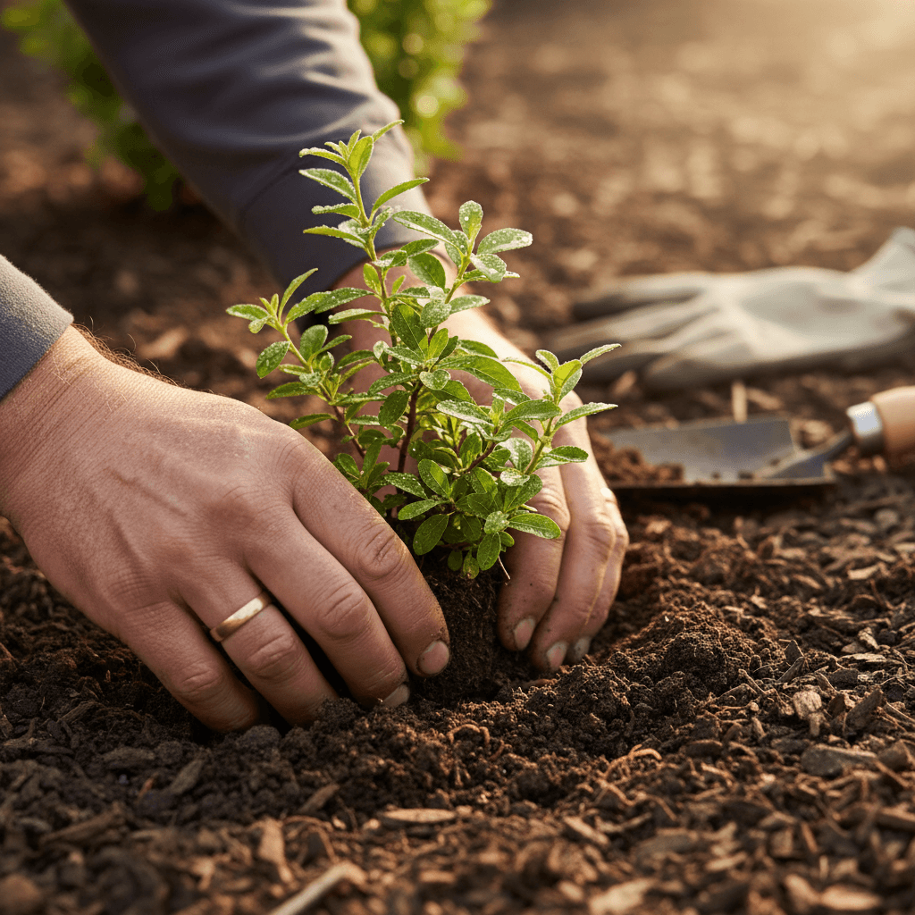 Close-up of landscaper planting a shrub in fresh soil